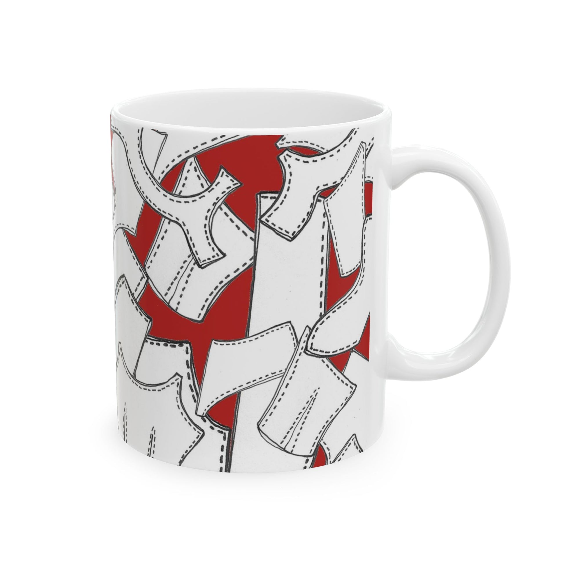 White mug with black-outlined shirt pattern on a red background.