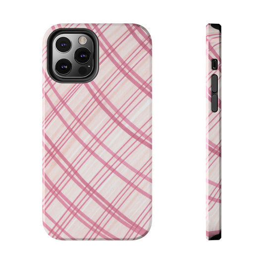 Pink plaid phone case with a camera cutout, shown from back and side views.