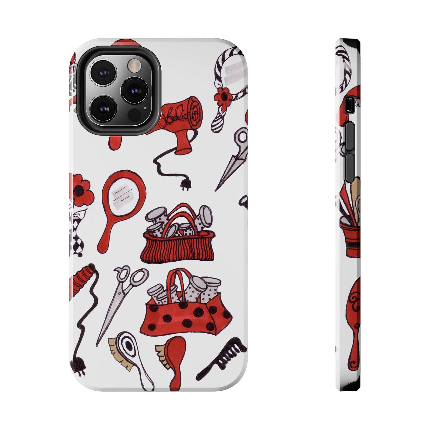 Phone case with red and black hair salon tools on a white background, featuring a hairdryer, scissors, and brushes.