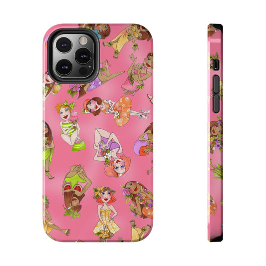 Pink phone case with colorful cartoon girls in floral outfits, seen from front and side views.