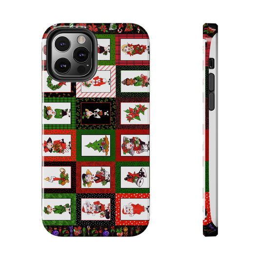 Christmas-themed phone case with cartoon characters, trees, and holly in red, green, and white blocks.