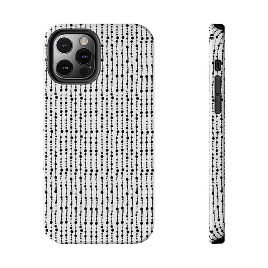 Black and white polka dot phone case with vertical stripes, shown from back and side angles.