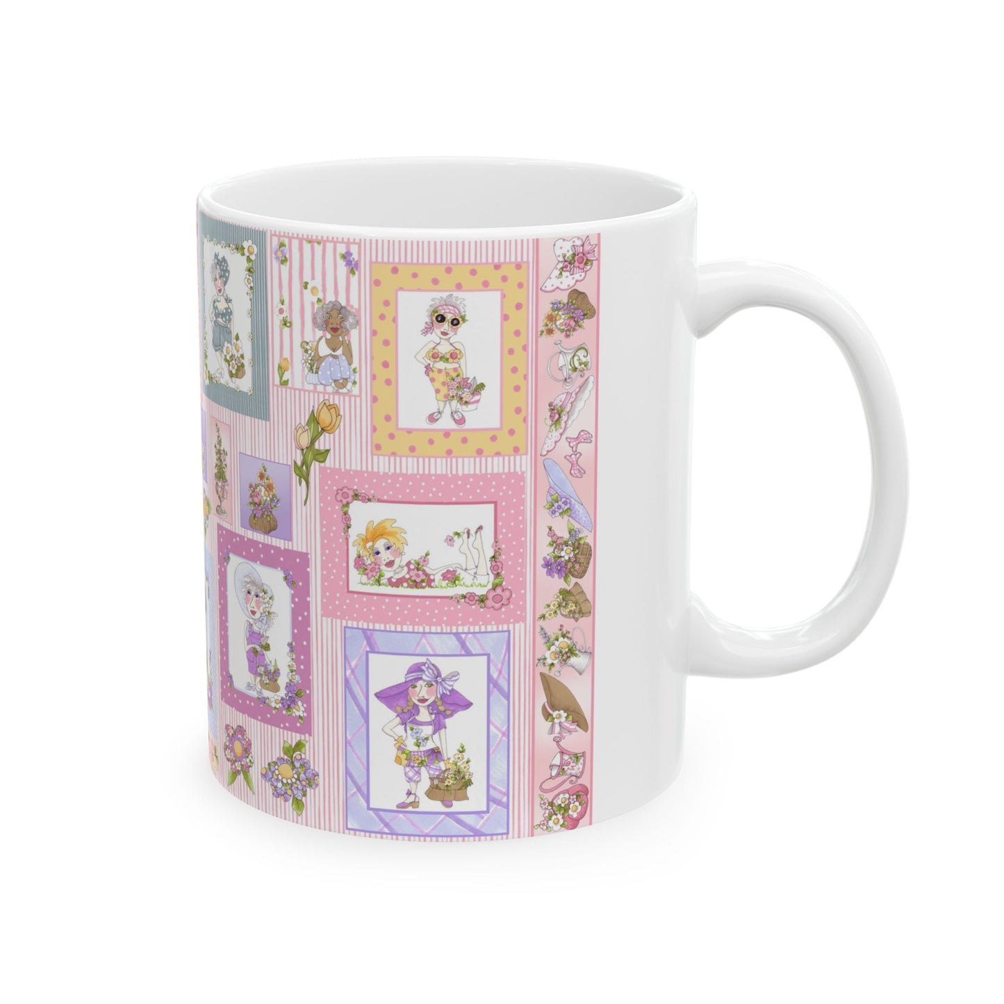 White mug with colorful cartoon panels, featuring characters and floral designs on a pastel background.