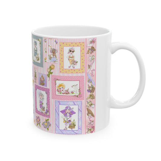 White mug with colorful cartoon panels, featuring characters and floral designs on a pastel background.