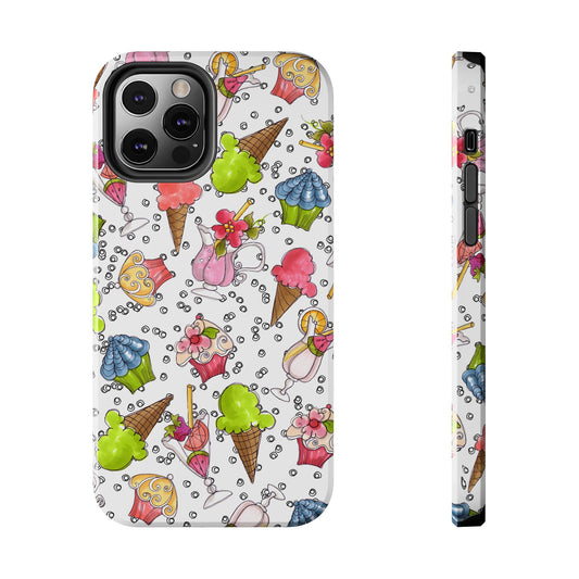 Colorful dessert pattern on phone case with ice cream cones, cupcakes, and drinks on white background.