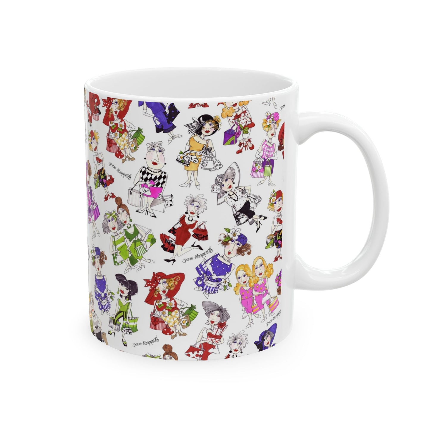 White mug with colorful cartoon women in various outfits and accessories, holding shopping bags.