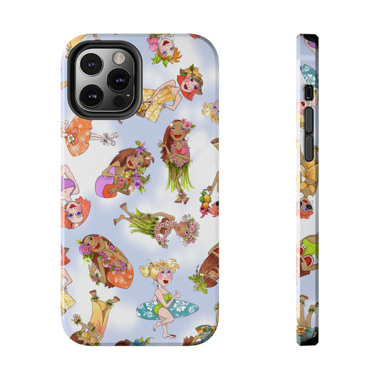 Cartoon beach characters in colorful outfits on a light blue phone case; side view included.