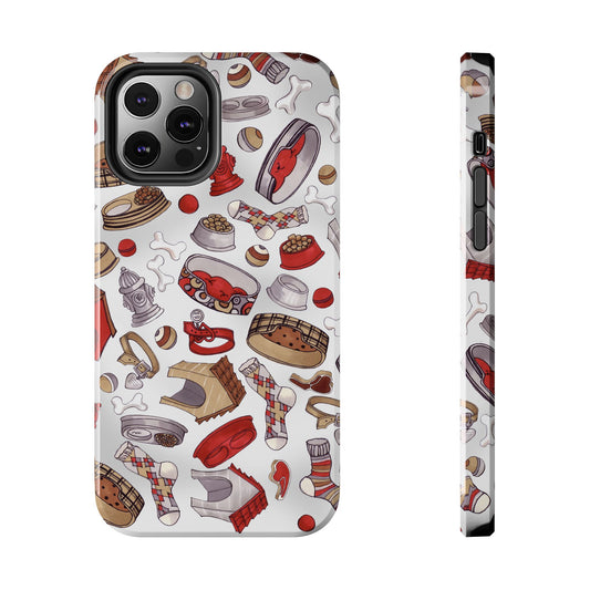 iPhone case with playful dog-themed pattern in red, brown, and white colors, featuring bones and toys.