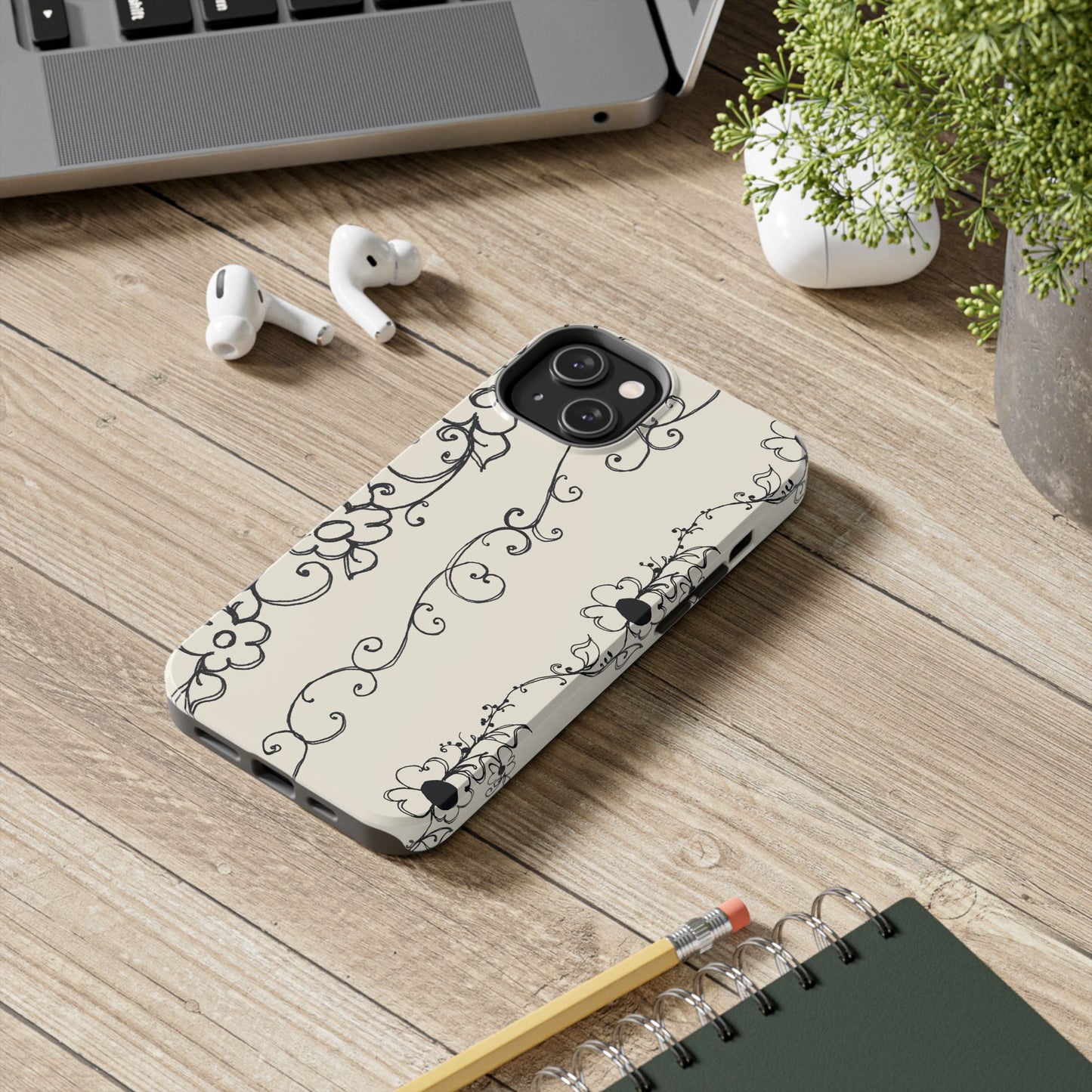 Scroll Flower Stripe Muslin / Black Phone Case