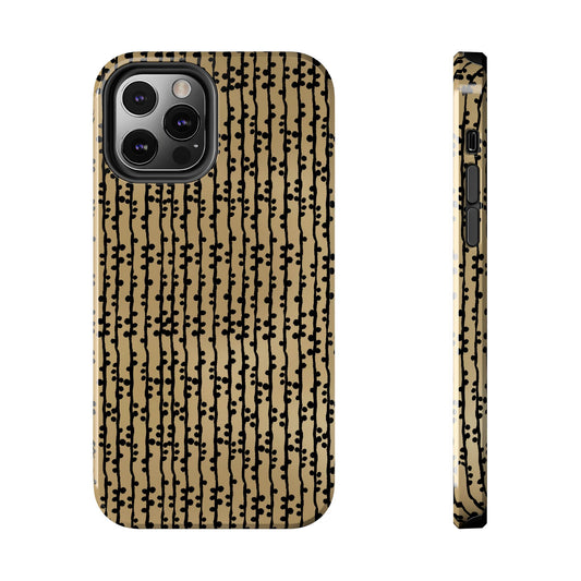 Tan phone case with black vertical lines and abstract dot pattern; side view shows buttons.