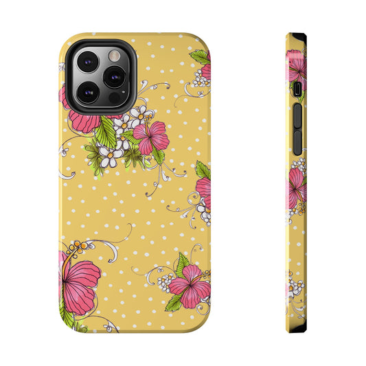 Yellow phone case with white dots, pink flowers, and green leaves. Side view shows button access.