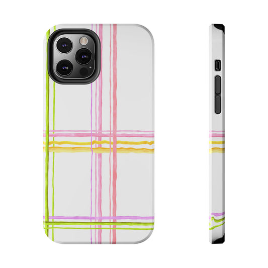 Phone case with pastel plaid design in pink, green, and yellow on a white background.
