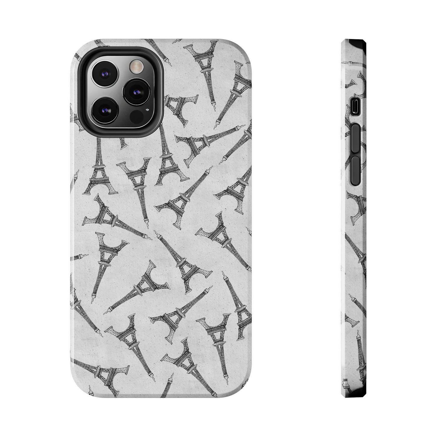 Phone case with black Eiffel Tower pattern on a light gray background.