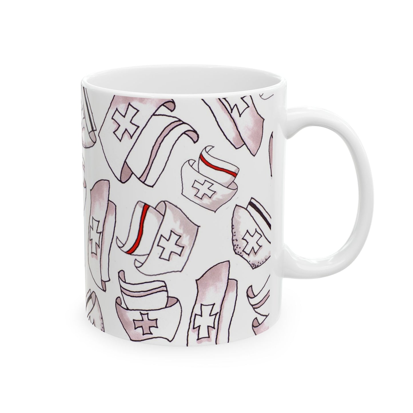 White mug with a pattern of nurse hats, red and black stripes, and cross symbols.