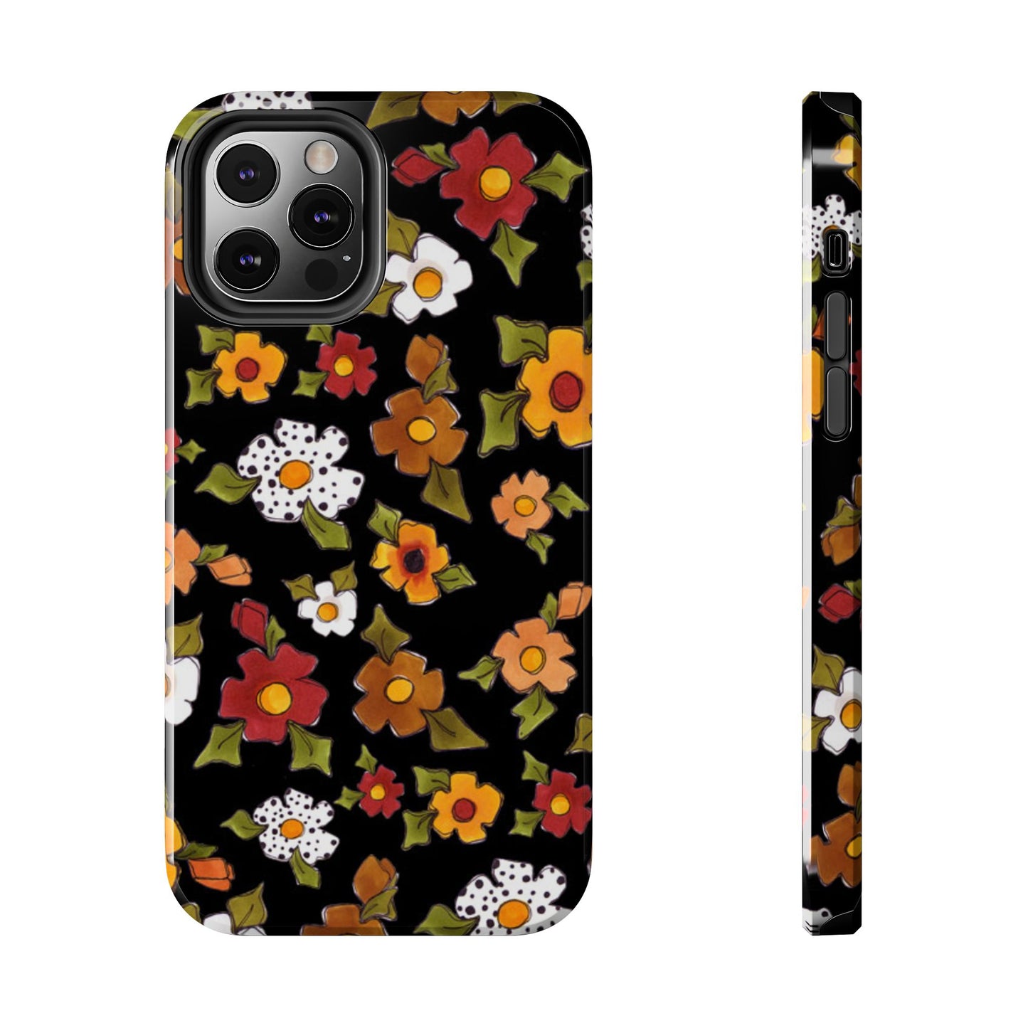 Black phone case with vibrant red, orange, and white floral pattern, featuring green leaves.