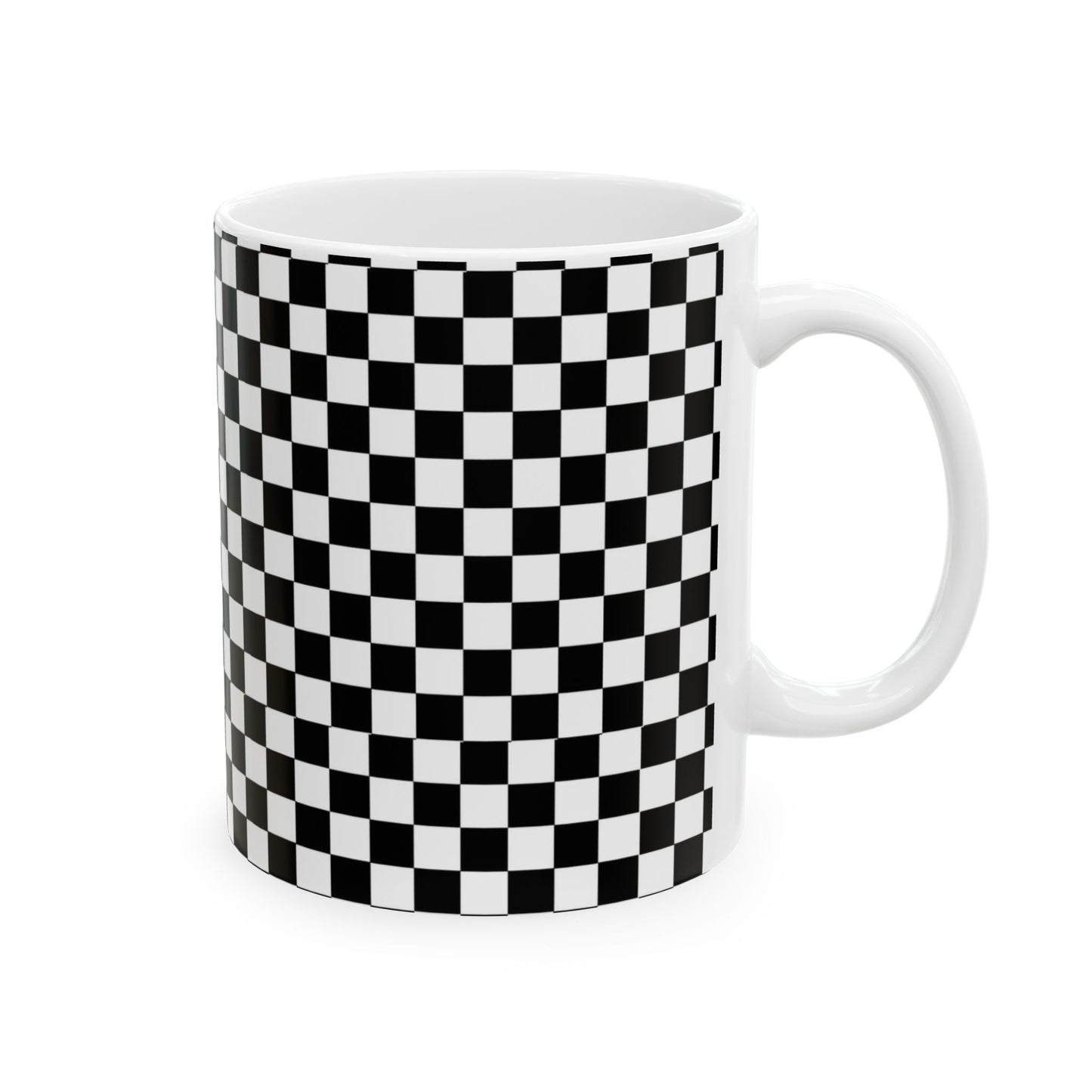White mug with a black and white checkered pattern covering its surface.