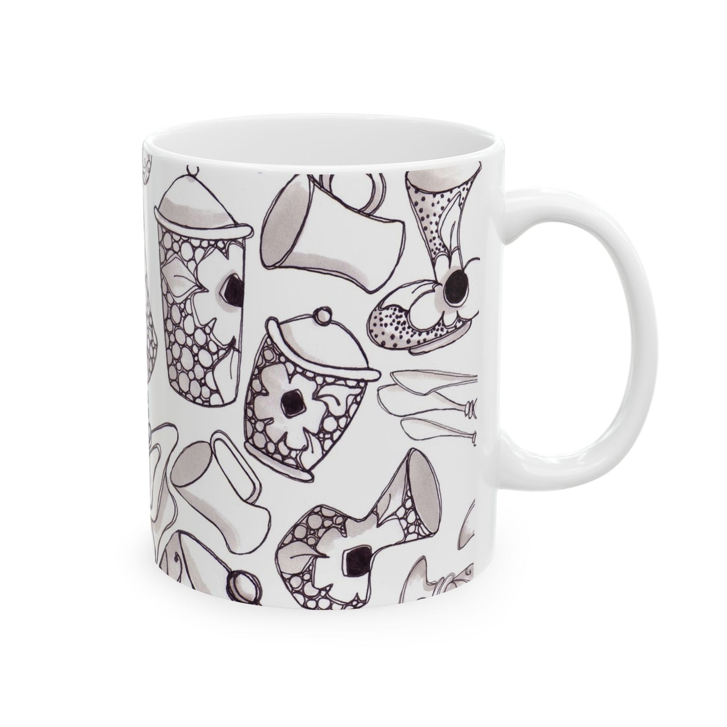 White mug with black line drawings of jars and flowers, featuring intricate patterns.