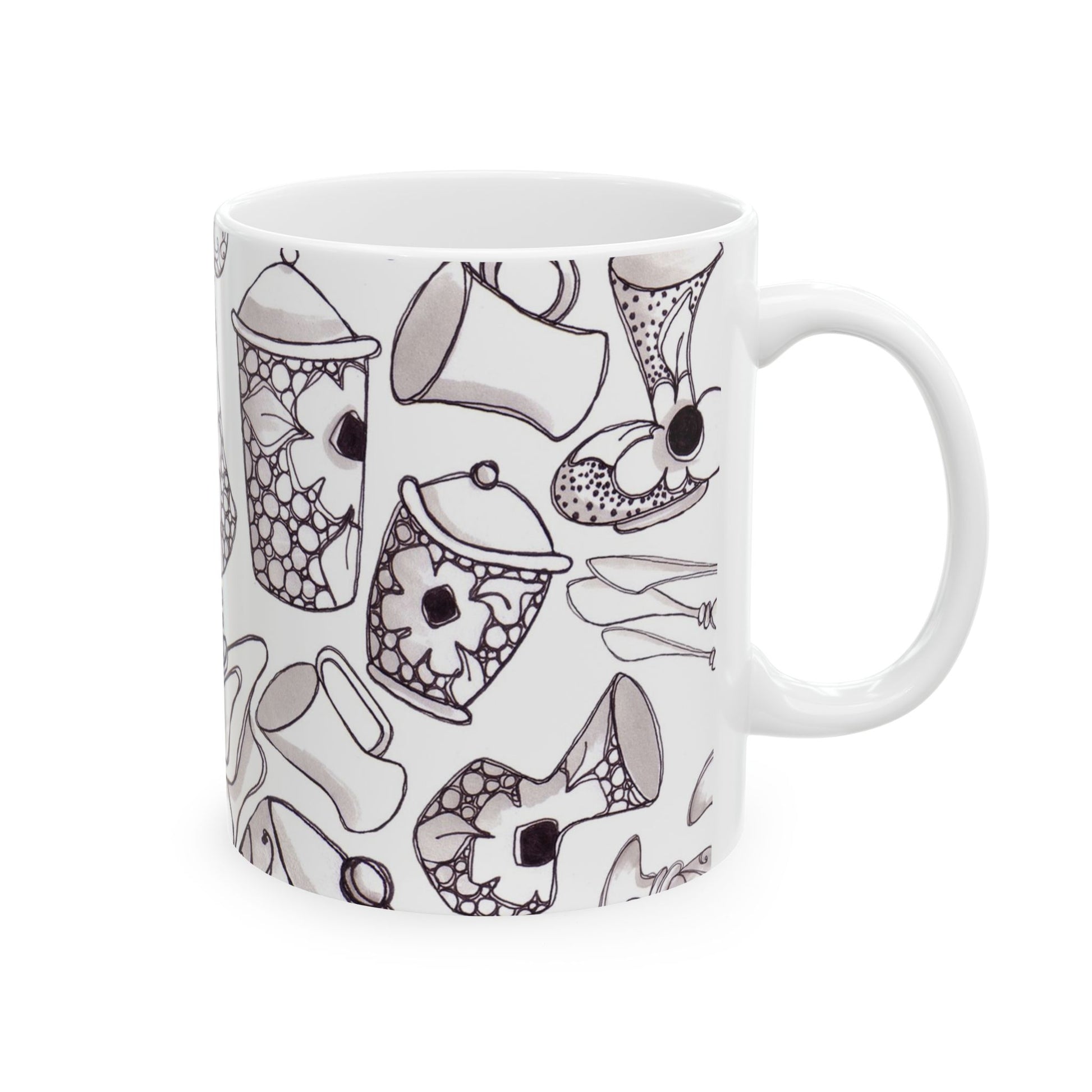 White mug with black line drawings of jars and flowers, featuring intricate patterns.