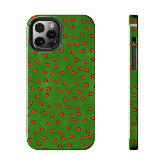 Green phone case with red polka dots, shown from the back and side perspectives.