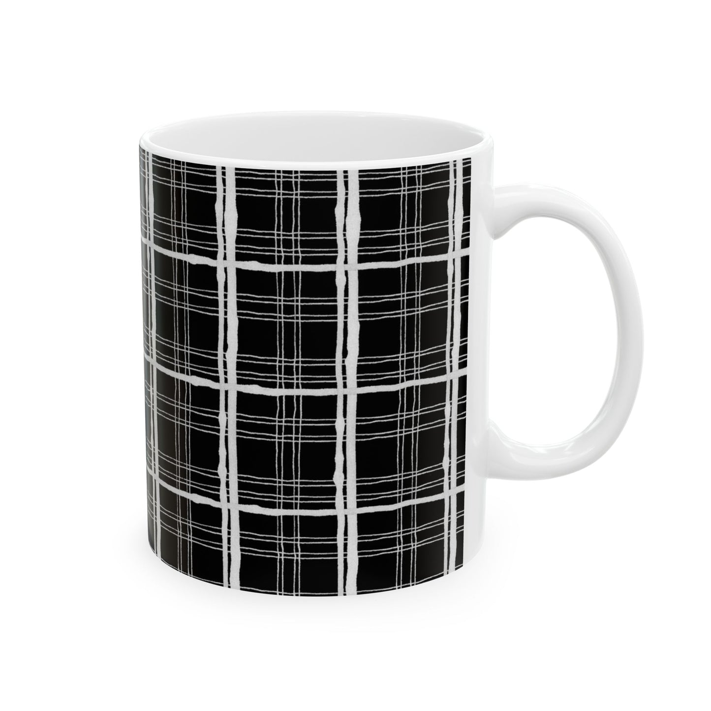 White mug with a black and white plaid pattern, featuring vertical and horizontal lines.