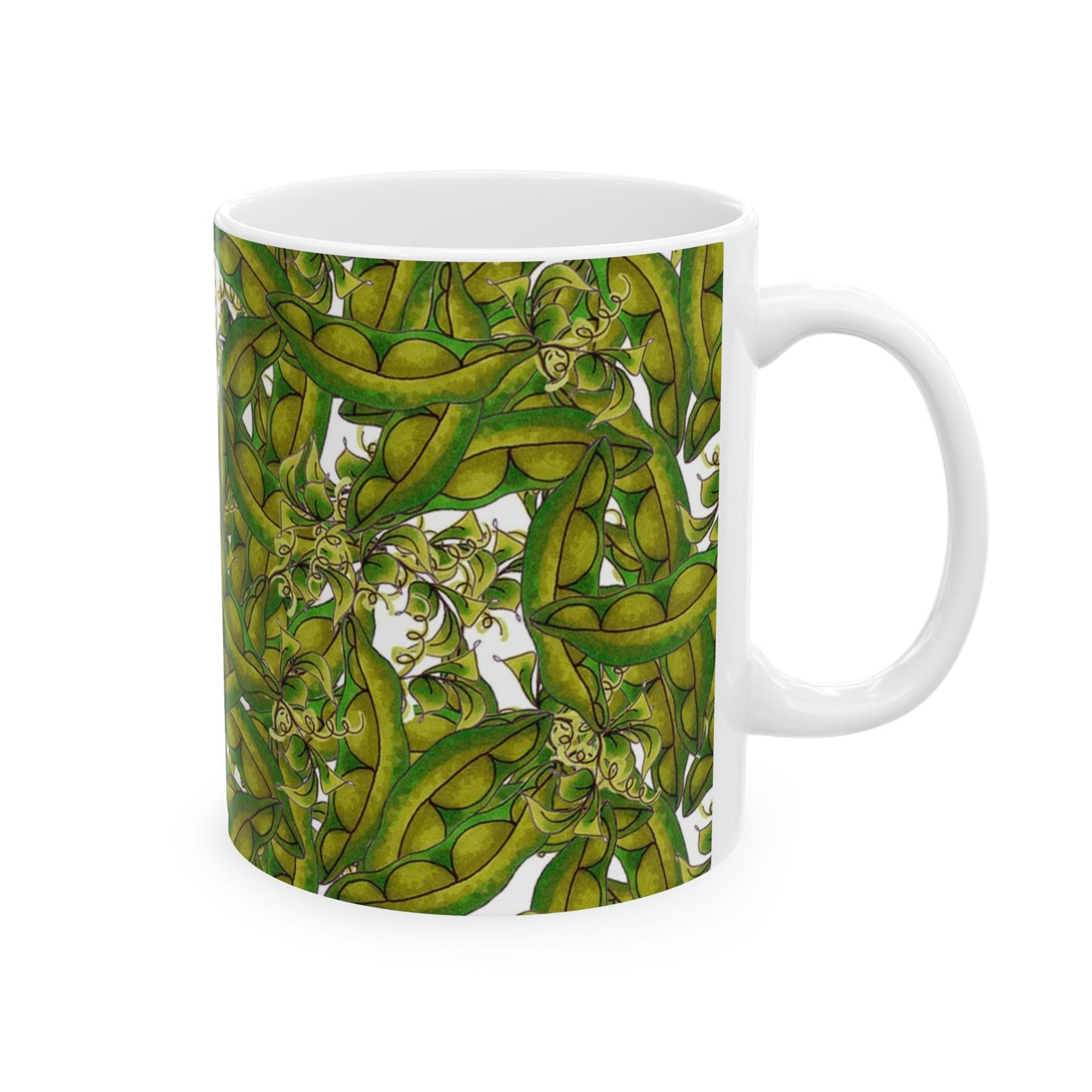 White mug with a vibrant green pea pod pattern, featuring swirling tendrils and leaves.