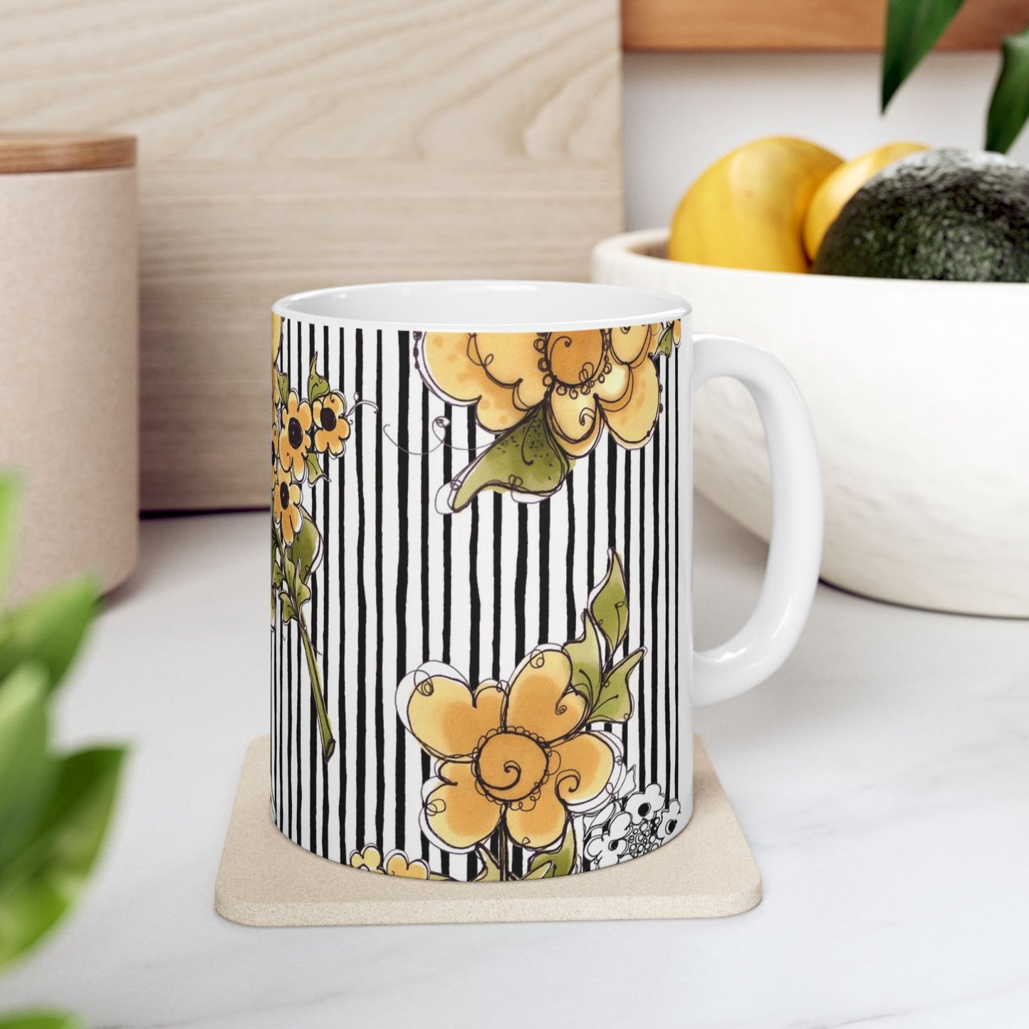 Bee Floral Stripe White / Black Cup