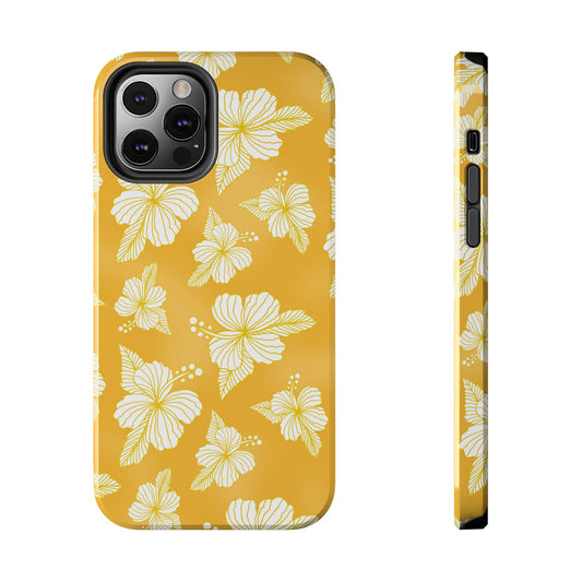 Yellow phone case with white hibiscus flowers, showing back and side views.