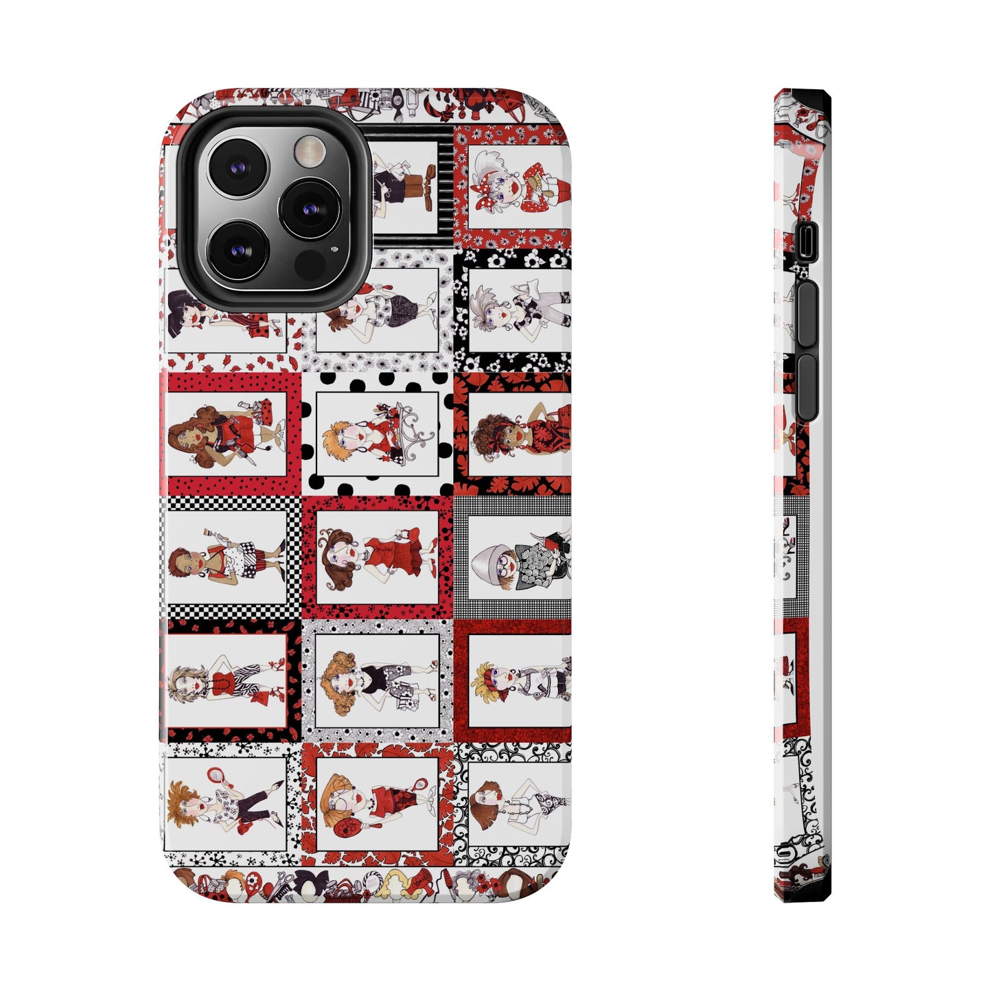 Illustrated phone case with colorful cartoon characters in red, black, and white bordered squares.