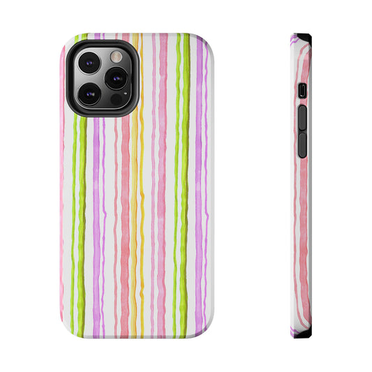 Colorful phone case with vertical wavy stripes in pink, green, and orange on a white background.