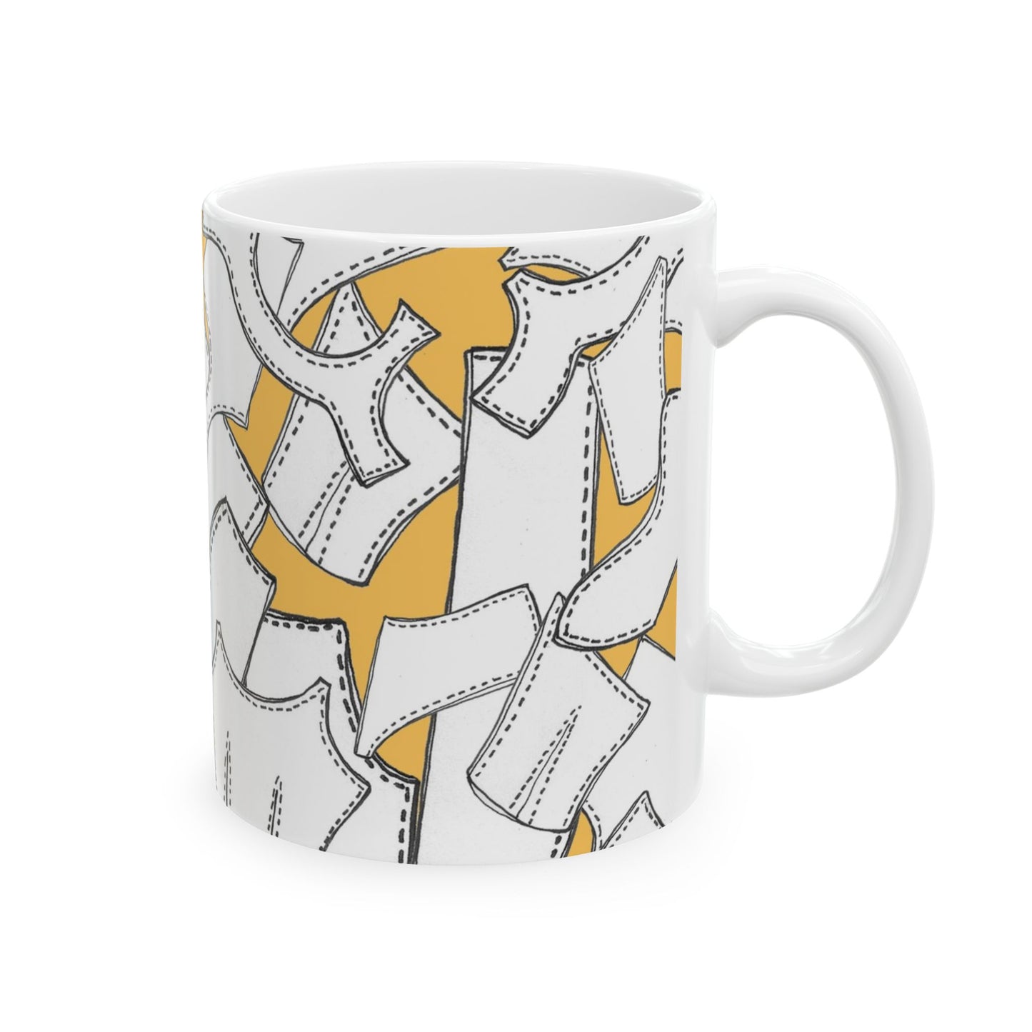 White mug with black outlined abstract shapes on a yellow background.