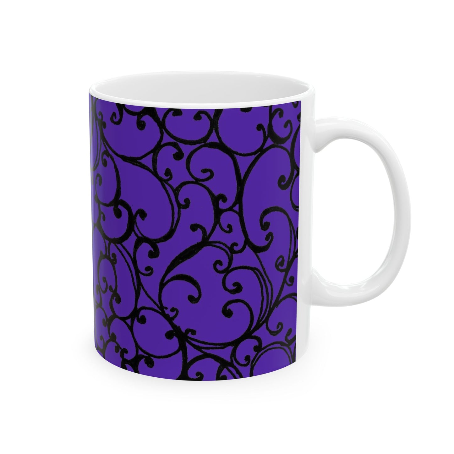 White mug with a purple background and intricate black swirl pattern.