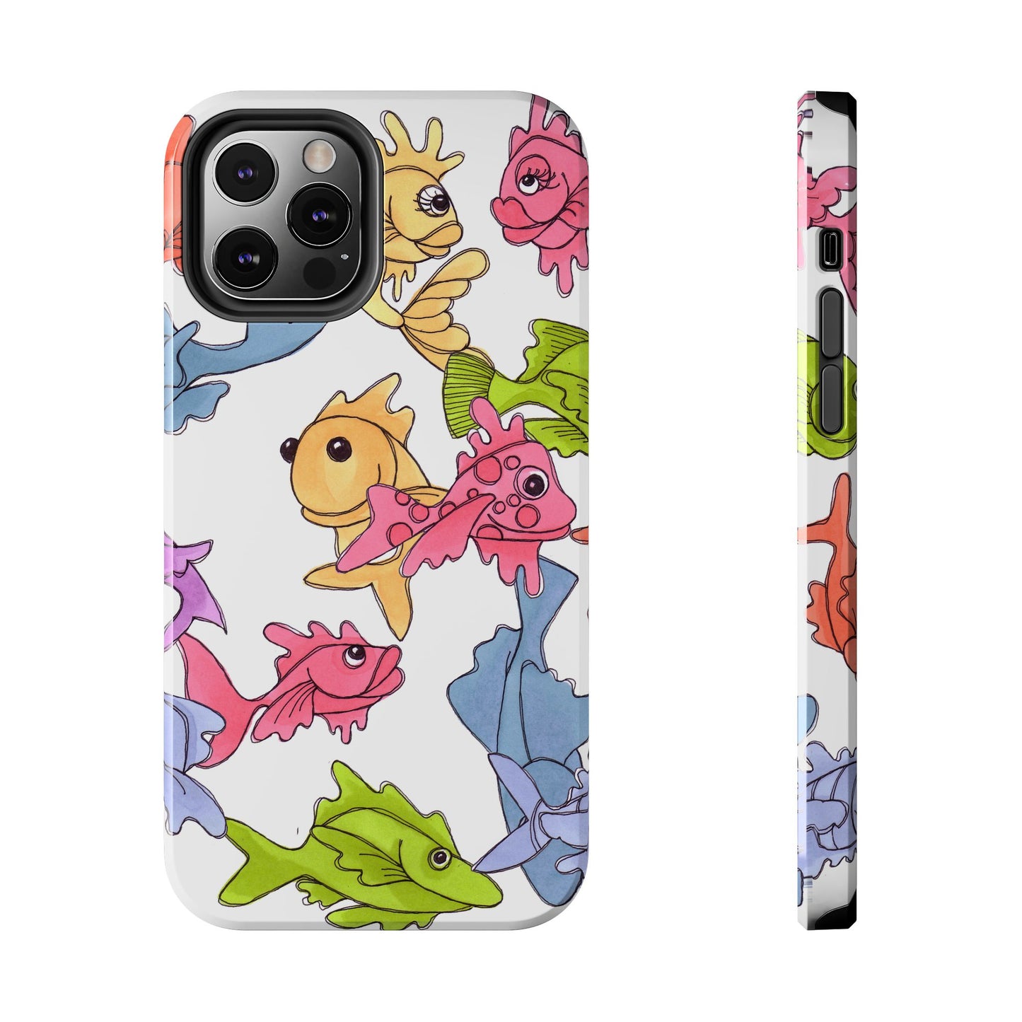 Colorful cartoon fish on a phone case; yellow, pink, green, and blue fish swim on a white background.