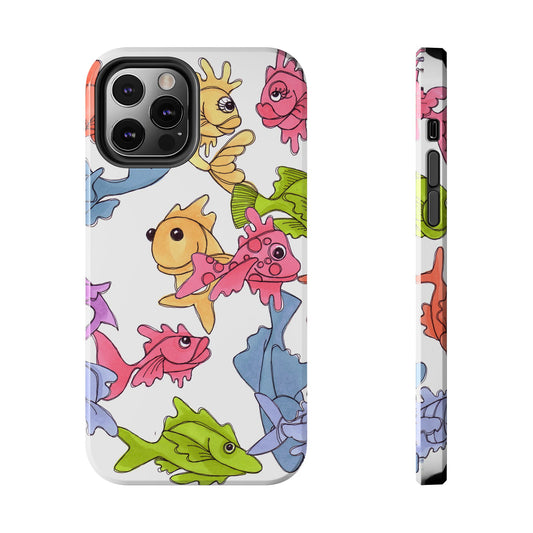 Colorful cartoon fish on a phone case; yellow, pink, green, and blue fish swim on a white background.