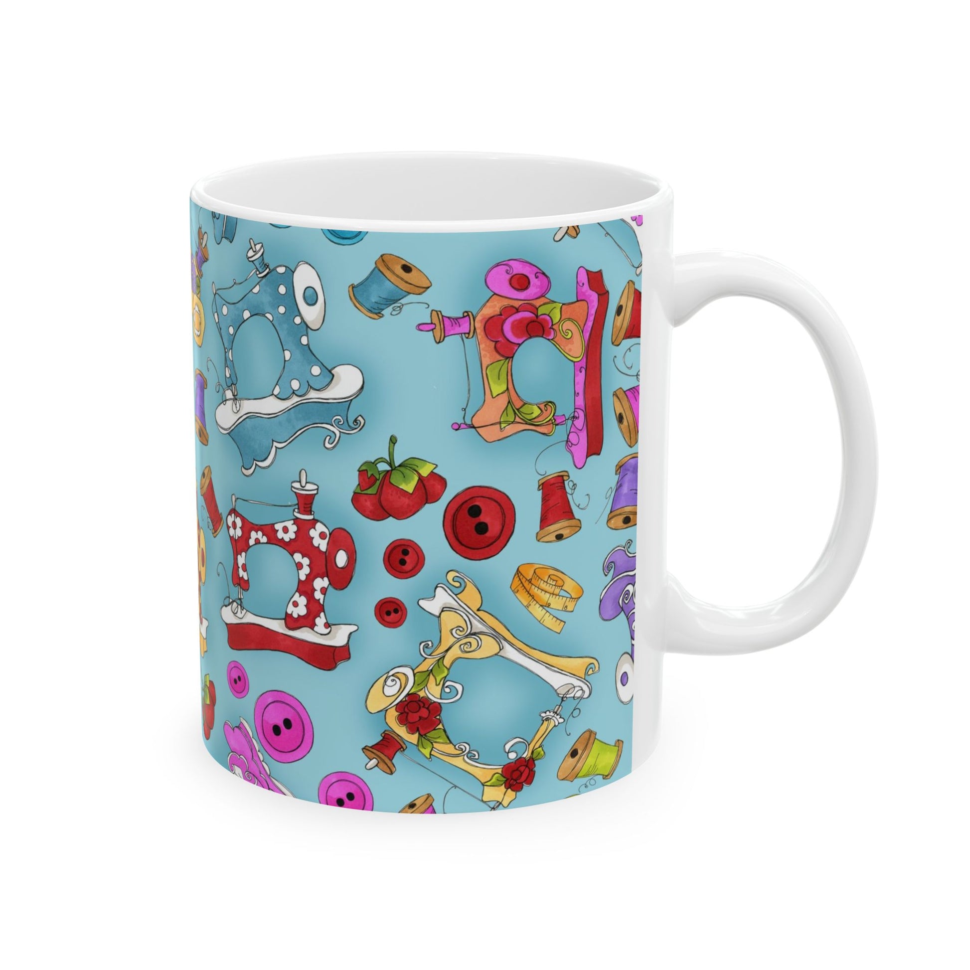 Colorful sewing patterns with machines, buttons, and threads on a light blue mug.