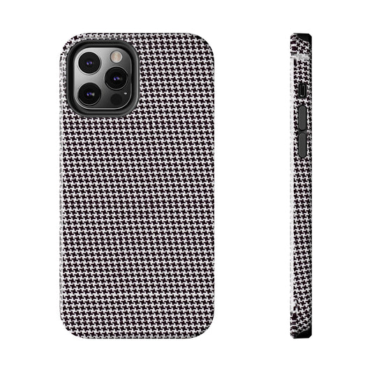 Black and white houndstooth phone case with camera cutout, shown from back and side views.