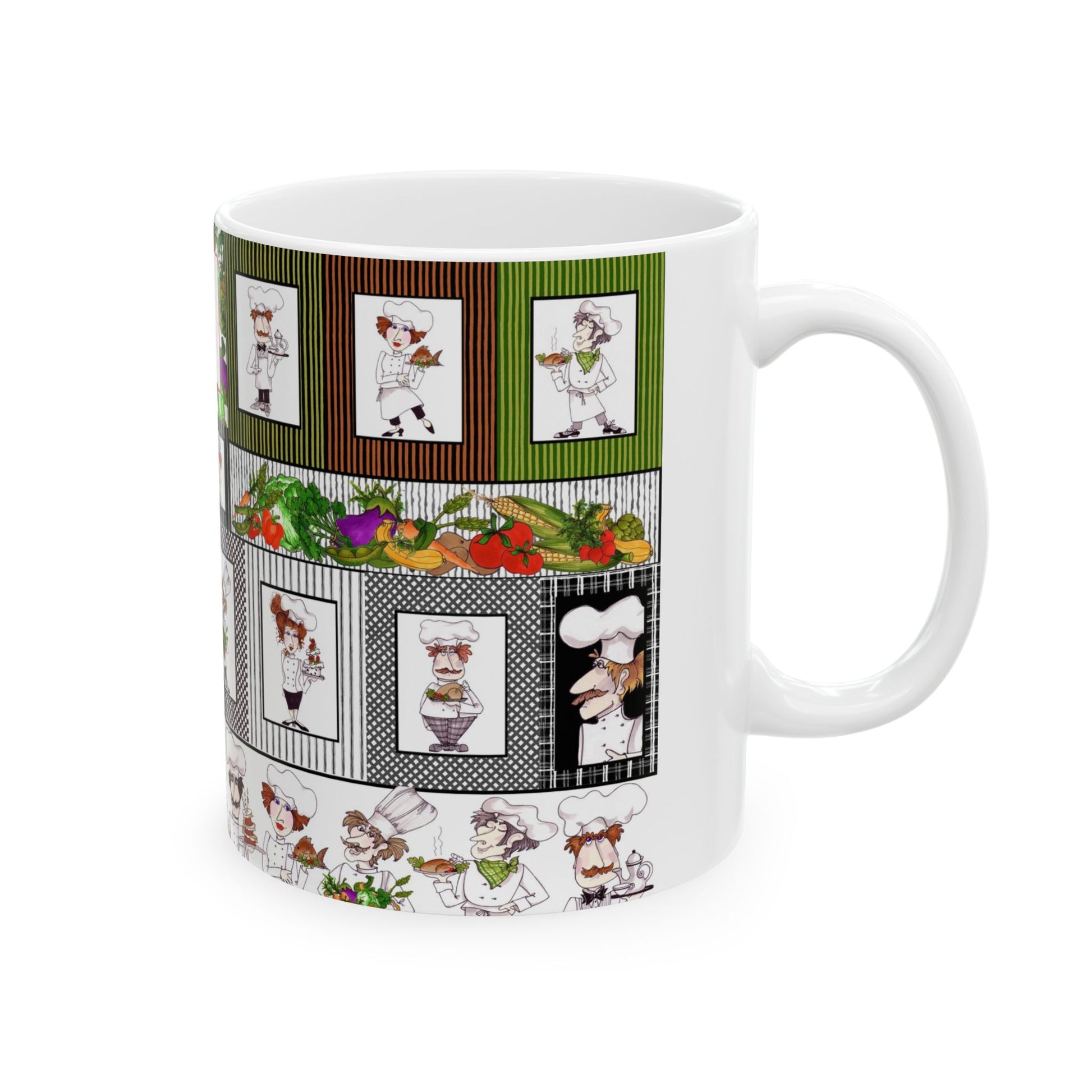 White mug with cartoon chefs and vegetables, framed in stripes of green, orange, and black.