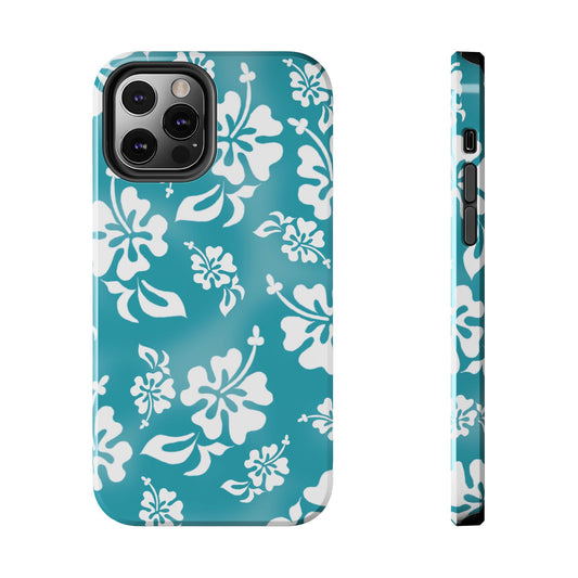 Teal phone case with white hibiscus flower pattern, shown from back and side view.
