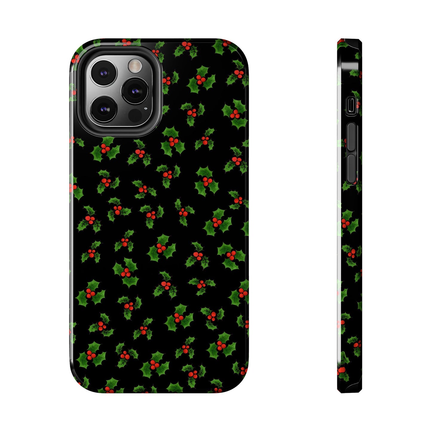 Black phone case with green holly and red berries pattern, shown from front and side angles.