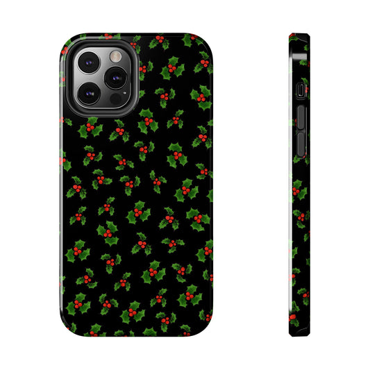 Black phone case with green holly and red berries pattern, shown from front and side angles.