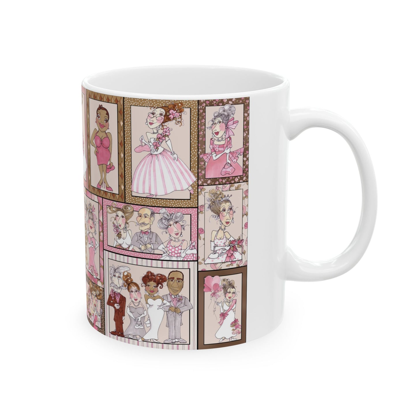 White mug with cartoon wedding illustrations in pink and brown tones, featuring couples and brides.