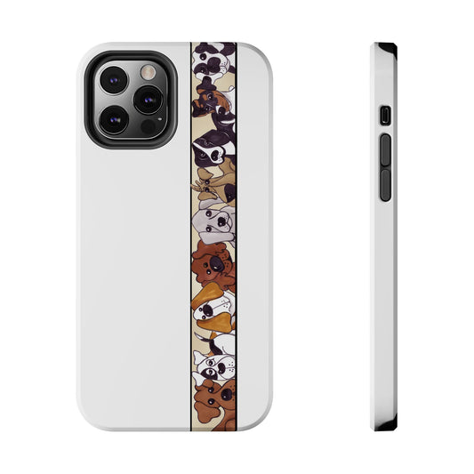 White phone case with a vertical strip of cute cartoon dog faces in various colors.