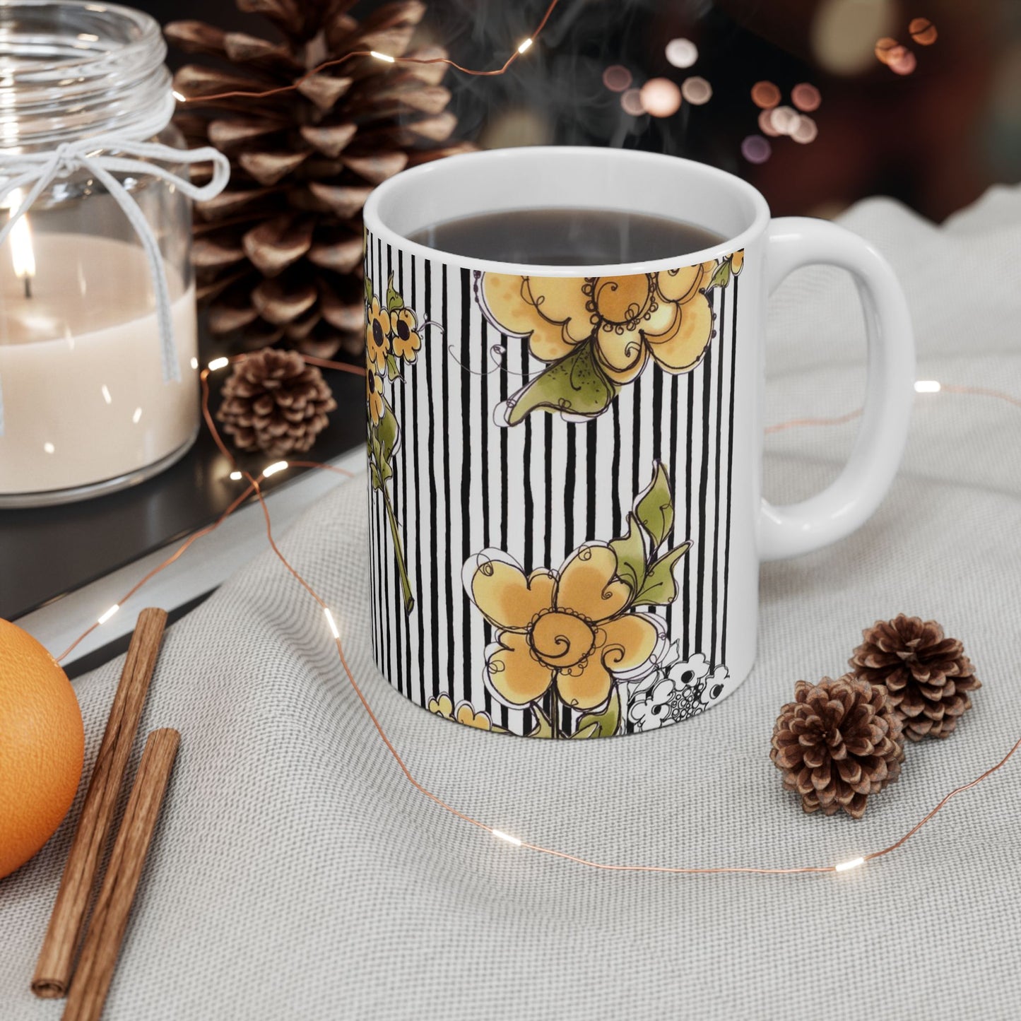 Bee Floral Stripe White / Black Cup