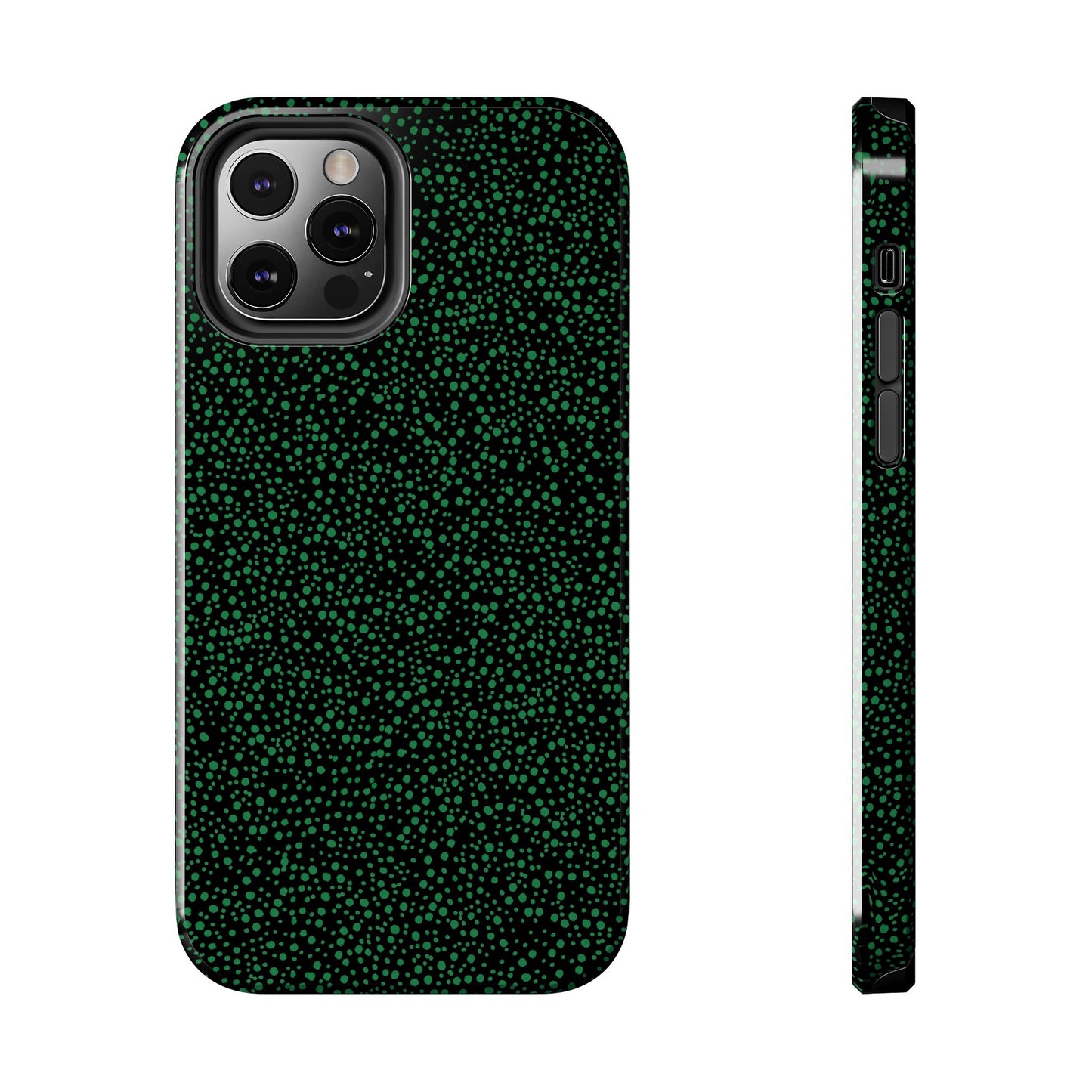 Phone case with black background and green polka dot pattern, shown from back and side angles.