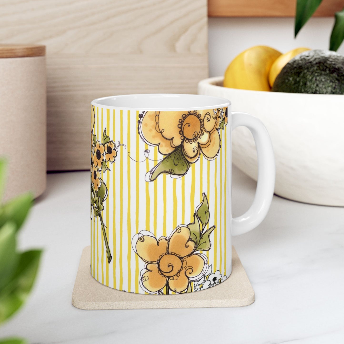 Bee Floral Stripe White / Yellow Cup