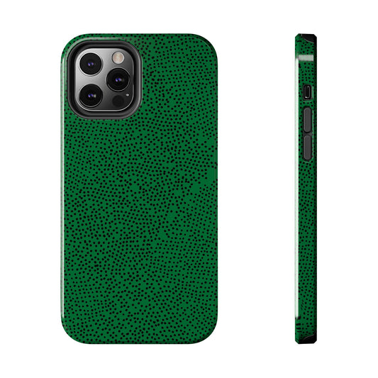 Green phone case with black polka dots, showing front and side views.