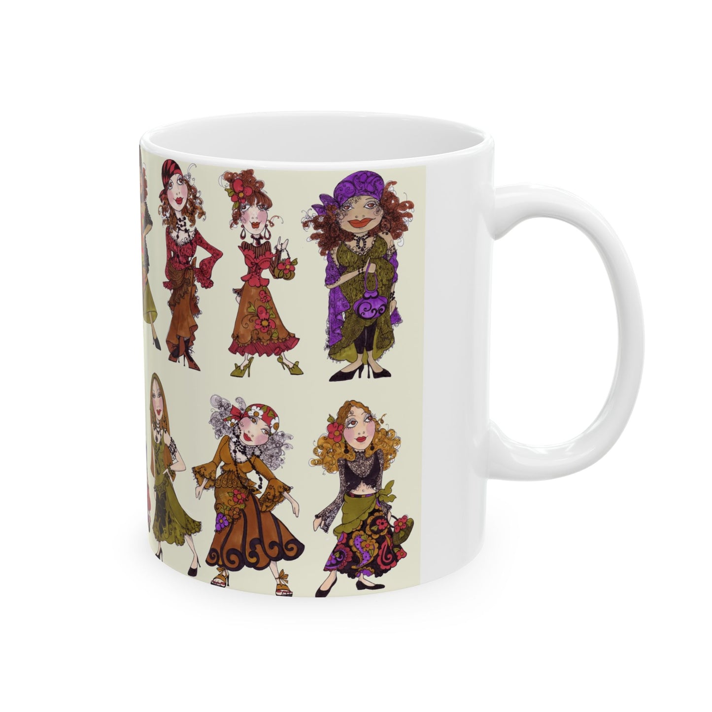 White mug with colorful, whimsical illustrations of women in vintage-style clothing.