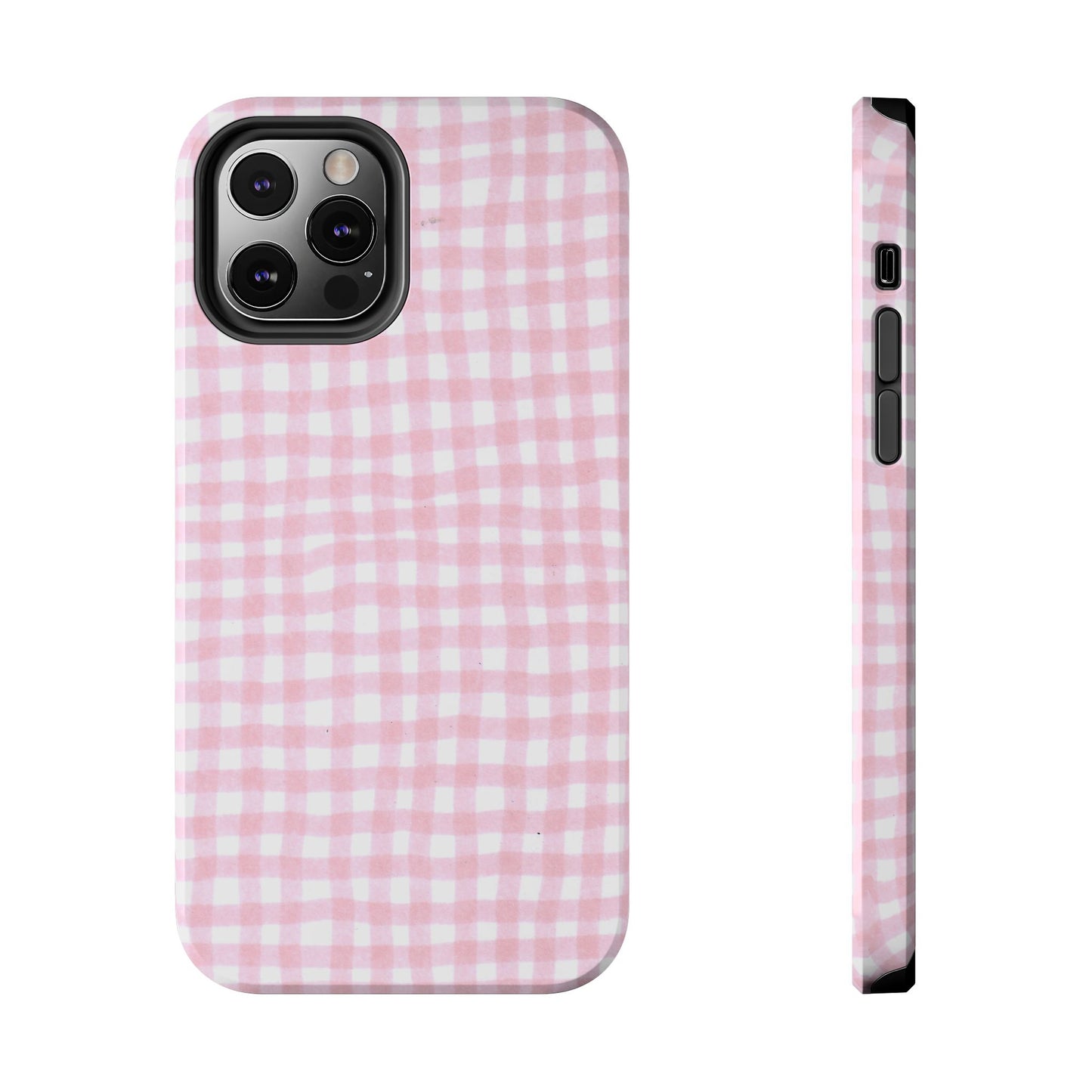 Pink and white checkered phone case with camera cutout and side buttons visible.
