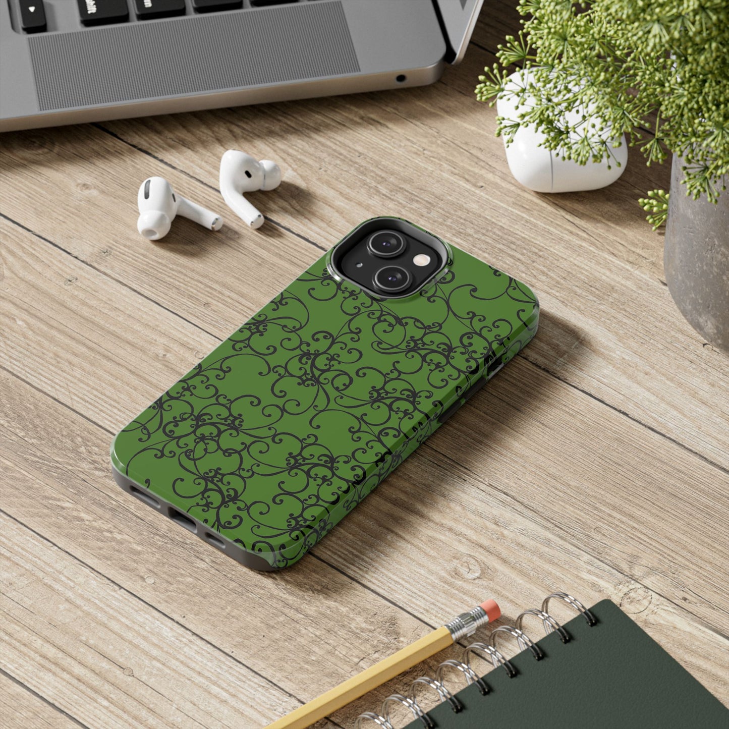 Elegant Scroll Green / Black Phone Case