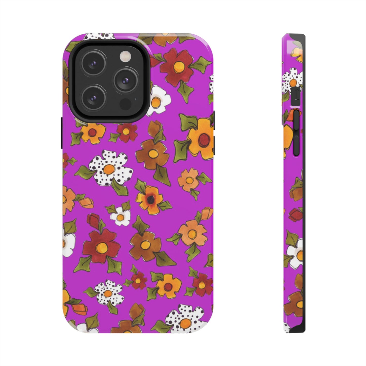 Purple phone case with colorful floral pattern featuring orange, red, and white flowers.