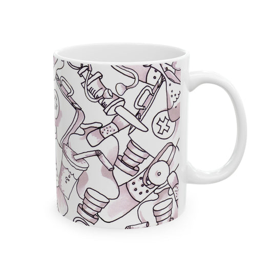 White mug with black medical doodles, including syringes and stethoscopes, on a white background.